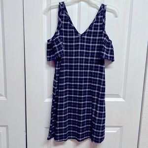 Ann Taylor Loft Blue White Plaid Cold Shoulders V Neck Casual Dress Size M
